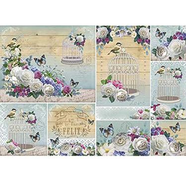 Imagem de Papel para Decoupage Litoarte 49 x 34,3 cm - Modelo PD-926 Gaiola Branca com Flores Fundo Azul
