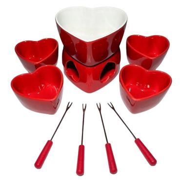 Imagem de Conjunto Fondue Ceramica 10 Peças Coraçao Garfo Panela Chocolate Queijo Noite Fria Outono Inverno Cozinha
