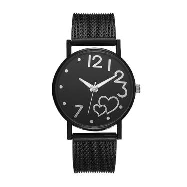Imagem de YingHwa Relógios femininos moda casual em forma de coração relógio feminino pulseira de malha, Preto
