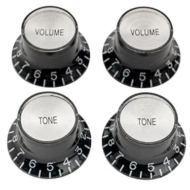Imagem de Musiclily Pro Canhoto Imperial Tamanho Polegadas Reflector Knobs Guitarra Top Hat 2 Volume 2 Tone para EUA Estilo Les Paul SG, Preto com Topo Prata(4 Peças)