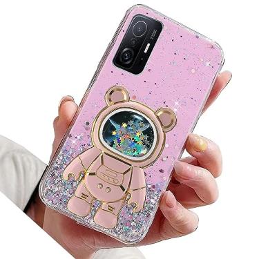 Imagem de Rnrieyta Miagon Bear Astronaut Glitter Stand Case para Xiaomi 11T Pro, capa protetora de areia movediça transparente brilhante fina à prova de choque com suporte de astronauta, rosa