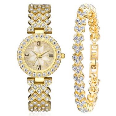 Imagem de CdyBox Relógios femininos de luxo pulseira de aço com diamantes conjunto de relógios quartzo relógio de pulso atacado, Dourado, Moderno