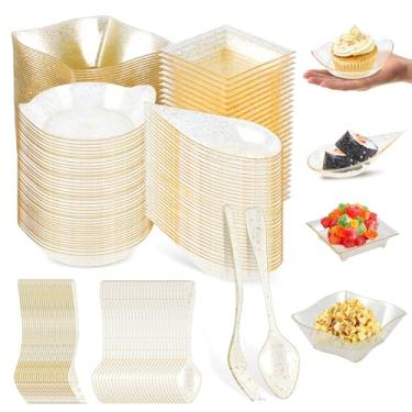 Imagem de Conjunto de mini pratos de aperitivo dourado de 200 unidades com 50 colheres e garfos, 50 pratos quadrados de plástico com colheres, tigelas de sobremesa em forma de folha com garfos, bandeja de