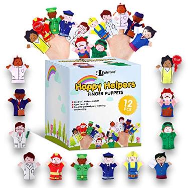 Imagem de Conjunto de 12 peças de fantoches de dedo Happy Helpers - Ensine e aprenda com uma variedade de personagens do bairro - E-book bônus - para famílias, crianças, jardim de infância, brincadeiras e ESL