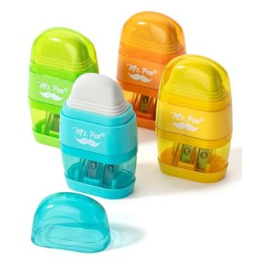 Imagem de Mr. Pen - Apontador de lápis e borracha, pacote com 4, colorido, 2 furos de afiação, manual de apontador de lápis, apontador de lápis manual, apontador de lápis, apontador de lápis portátil, apontador