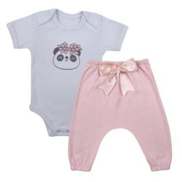 Imagem de Conjunto Body Manga Curta Bordado Panda Flor e Calça Suedine Mijão Culote - Roupa Bebê Menina-Feminino