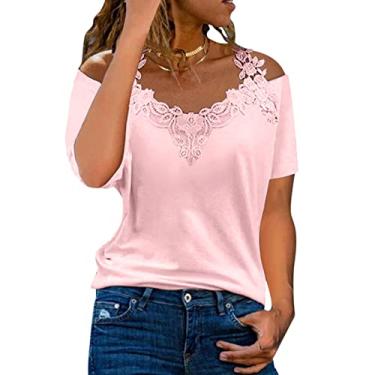 Imagem de Lainuyoah Camisetas femininas gola V com acabamento em renda e manga curta, estampa floral, casual, boêmio, verão, B - Rosa, P