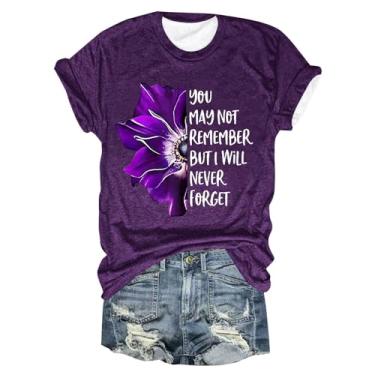Imagem de Camisetas femininas de conscientização de Alzheimers para o verão, roxo, floral, casual, solta, manga curta, gola redonda, Roxa, P