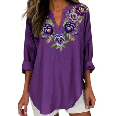 Imagem de Blusa feminina de linho de conscientização de Alzheimers, blusa floral roxa de verão, folgada, gola V, túnica de manga comprida, Roxa, G