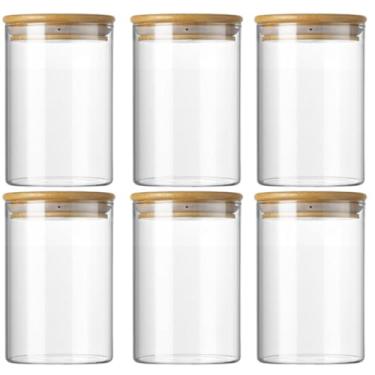 Imagem de Kit 6 Potes de Vidro Herméticos com Tampa Bambu 600ml Yab