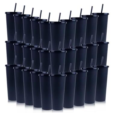 Imagem de Ahongwenxi Pacote com 30 copos de plástico preto de Halloween com tampas e canudos, copos de plástico descartáveis de 680 g, copos de café gelado, caneca de viagem para sucos, aniversário, despedida