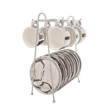 Imagem de WOLFF - Conjunto 6 Xícaras de Café com Pires de Porcelana e Suporte Versa Prata/Branco 90ml