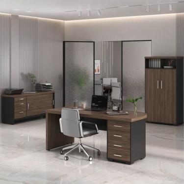Imagem de Kit 3 Peças com Mesa para Escritório Diretor em Tamburato, Armário Alto e Armário Baixo com Gavetas Charuto/Preto
