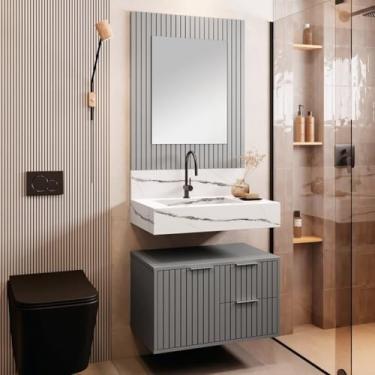 Imagem de Conjunto Para Banheiro Bancada Em Porcelanato Com Cuba Esculpida, Armário e Espelheira Ripy 60cm Cinza