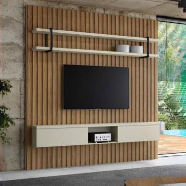 Imagem de Painel Ripado para TV com Prateleira e Nicho 200cm 100% MDF - Casa Lar