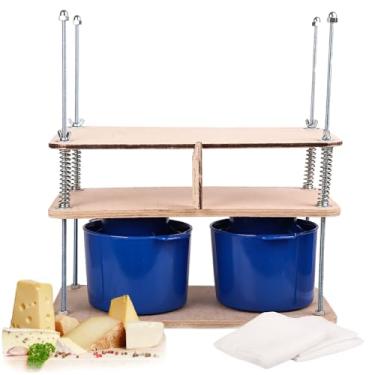 Imagem de Prensa de queijo de madeira para suprimentos de fabricação de queijo, 40,6 cm de espessura - Kit de fabricação de queijo com prensa de queijo de madeira e 2 moldes de queijo 1/2 galão, gaze, molas e