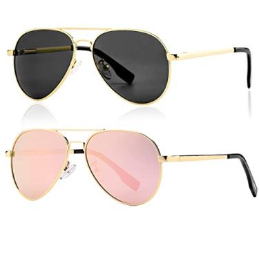 Imagem de JOVAKIT Óculos de sol aviador polarizados pequenos para meninas e meninos de 4 a 16 anos, Pacote com dois (dourado/cinza + dourado/rosa espelhado), lenswidth