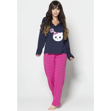 Imagem de Pijama Vekyo Longo Feminino Estampado Bordado Gola V, Azul, Mulher, P