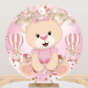 Imagem de AOFOTO 2 x 2 m Urso Rosa Chá de Bebê Capa de Fundo Redondo Aquarela Flores Balão de Ar Quente Estrelas Teddy Girl Festa de Aniversário Fotografia Backkground Recém-nascido Revelação de Gênero Adereços