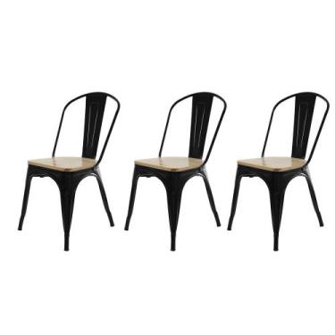 Imagem de Kit 3 Cadeiras Tolix Iron Industrial Preta Assento De Madeira - Cadeir