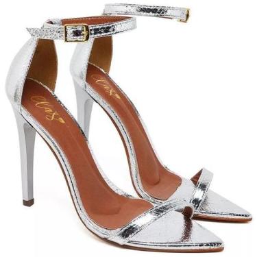 Imagem de Sandália Salto Alto Feminino Bico Folha Cristal Prata - Ellas Online, 