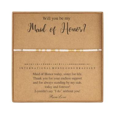 Imagem de RareLove Presentes Maid of Honor Pulseiras Will You Be My Maid of Honor Sister Morse Code Pulseira com contas para mulheres, Maid of Honor Proposal Ouro Branco Sementes de Pônei Pequenas Miçangas,