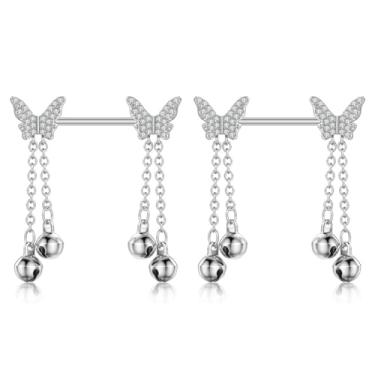 Imagem de Niaspi Anéis de mamilo de borboleta 14G para mulheres, corrente de aço cirúrgico, pendurados, mamilos, barra, protetor de mamilo, piercing de mamilo, joia, Aço inoxidável, Zircônia cúbica