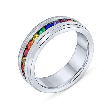 Imagem de Conjunto de canal de casal com gravação personalizada unissex colorido mês do orgulho CZ arco-íris 1/2 anel de eternidade LGBTQ Anel de casamento masculino feminino prateado tom dourado aço inoxidável 8 mm ajuste confortável personalizável, 9, Metal, Zircônia cúbica