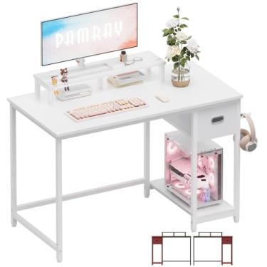 Imagem de Pamray Mesa de Computador Moderna com Suporte para Monitor e Gaveta de Armazenamento, Branca, 100.584 cm x 52.07 cm, para Estudo, Escrita e Trabalho