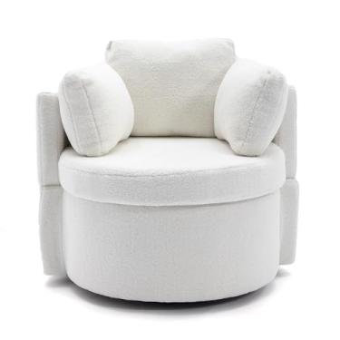 Imagem de LKJYBG Poltronas giratórias redondas com estofamento largo, cadeiras de armazenamento de detalhes cadeira de tecido de lã fofa para sala de estar, quarto, escritório, salas de espera, marfim como
