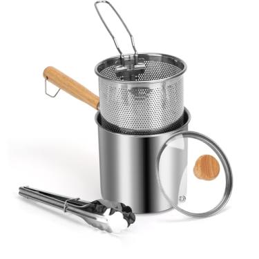 Imagem de Frigideira pequena com cesta, mini fritadeira e panela de sopa com pinça e tampa para 1-2 pessoas, funciona em queimador a gás ou indução, pode ser lavado na lava-louças, 1,3 litros