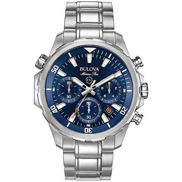 Imagem de Bulova Relógio masculino Marine Star Series B aço inoxidável com 6 ponteiros cronógrafo de quartzo, mostrador azul Estilo: 96B256, inoxidável/azul, Pulseira de aço inoxidável com cronógrafo Marine