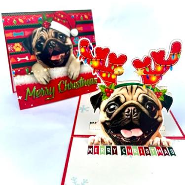 Imagem de Cartão Pop Up de Natal Pug – Cartão comemorativo 3D com adorável cachorro Pug com chifres de rena festivos, perfeito para amantes de cães, vale-presente de Natal exclusivo para amigos e familiares