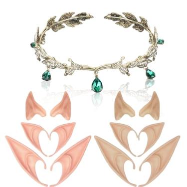 Imagem de 6 Pairs Elf Ears, Cosplay Elf Ears with Rhinestone Crown Set, Elf Ears Adult Women Costumes for Teenagers, Latex Fairy Ears for Anime Party Masquerade, Halloween Elf Accessories for Vampire Cosplay
