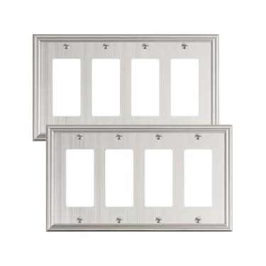 Imagem de TREEWELL Pacote com 2 placas de cobertura decoradora quádrupla, placas de interruptor de níquel escovado de liga de zinco e tampas de tomada, 4 placas de parede para tomadas elétricas, receptáculo,