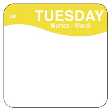 Imagem de DayMark Safety Systems DissolveMark IT1133332 Dia da semana, etiqueta trilíngue, terça-feira, 5 cm x 5 cm, amarelo, rolo de 250