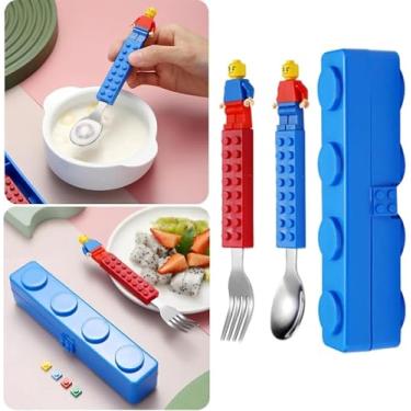 Imagem de Kit Colher Garfo Infantil Estojo Feitos de Blocos de Montar com 2 Bonecos Minifigures Talheres Divertidos Criativos para Lancheira