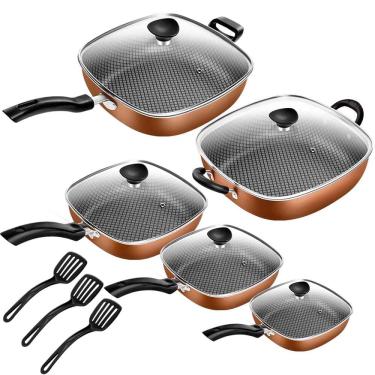 Imagem de Conjunto Frigideiras Antiaderente Quadrada Tampa De Vidro 5 Peças Patolux