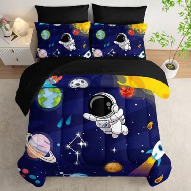 Imagem de AILONEN Jogo de cama infantil casal com desenho animado de astronauta, foguetes de astronauta, para meninos e adolescentes, lençol com elástico + lençol de cima e 2 fronhas, 2 fronhas