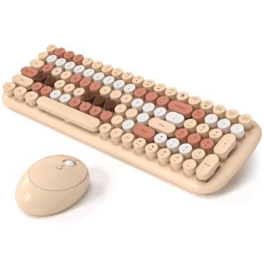 Imagem de Combo de teclado e mouse sem fio, MOWUX – layout compacto moderno, mouse doce compacto colorido e conjunto de teclado redondo retrô com capa, para PC/laptop/Windows/Mac – colorido leite-chá