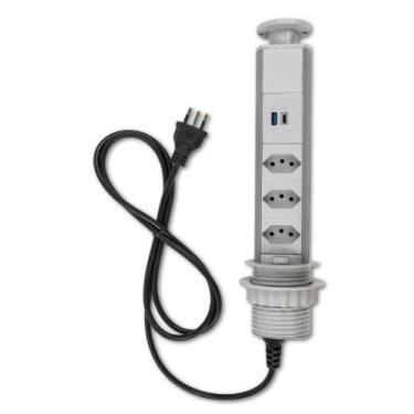 Imagem de Torre De 3 Tomadas Usb A Usb C Multiplug 20a Retrátil Cinza - QTMOV
