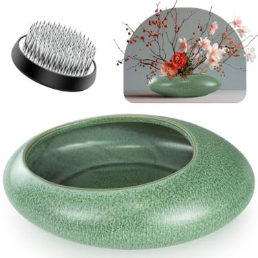 Imagem de Kit de vaso de sapo de flor, tigela de cerâmica para arranjo Ikebana, sapo, gota de água, vaso de flores, kit de vaso de arranjos de flores (tamanho grande verde)