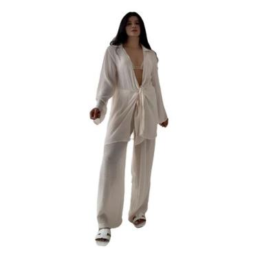 Imagem de Blusa E Calça Em Tecido Leve  Saída De Praia Lisa - NoBrand, Bege, UNI