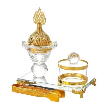Imagem de Ioensy Ornamento de queimadores de incenso em árabe conjunto Ramadã Ornamento multifuncional com pinças, bandeja, frasco de armazenamento para banheiro de