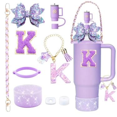 Imagem de 9 peças de acessórios de copo Stanley Bling para copo de 850 g e copo de 1134 g com alça, incluindo pingente de iniciais, alça de couro, decoração de arco de palha, topo de palha, bota, tampa à prova