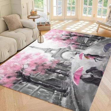 Imagem de EDGZKO Tapete rosa e cinza: tapetes da Torre Eiffel de Paris de 1,8 x 2,5 m para quarto, sala de estar, sala de jantar, casa, cozinha, dormitório, tapete temático de Paris, tapete lavável para