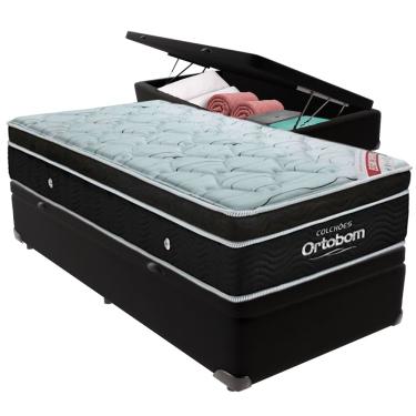 Imagem de Cama Box Baú Preto e Colchão Elegant Molas Ensacadas Solteiro Ortobom