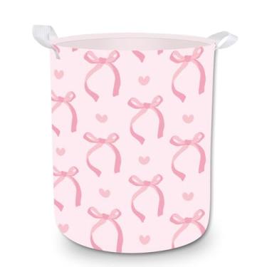 Imagem de FYSUIMU Cesto de lavanderia coquete laço rosa cesto de roupa suja dobrável de tecido com alças balde de armazenamento de roupas para banheiro menina quarto dormitório organizador de brinquedos