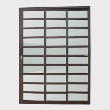 Imagem de Porta de Alumínio de Correr 210x150cm 3 Folhas com Travessa e Vidro Liso Corten Super Brimak