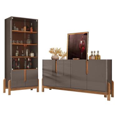 Imagem de Sala de Jantar Lizz com Cristaleira e Buffet Aparador 4 Portas - Casa D Cinza Pérola/Cedro